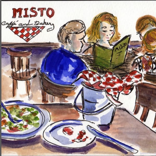 Watercolor illustration of customers dining at Misto Caffe & Bakery, with food and the restaurant logo visible.