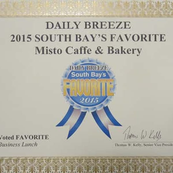 A certificate from Daily Breeze, recognizing Misto Caffe & Bakery as South Bay's Favorite in 2015.