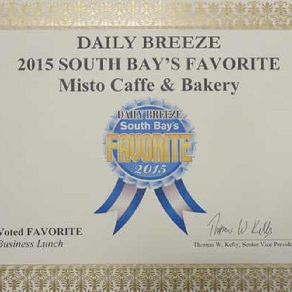 A certificate from Daily Breeze, recognizing Misto Caffe & Bakery as South Bay's Favorite in 2015.