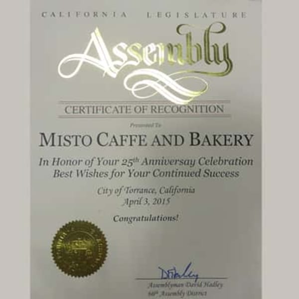 A Certificate of Recognition from the California Legislature to Misto Caffe and Bakery for its 25th Anniversary.