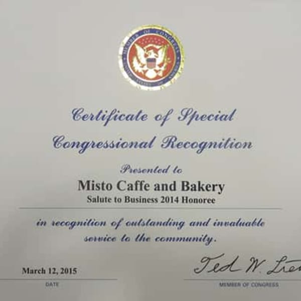 Certificate of Special Congressional Recognition presented to Misto Caffe and Bakery for community service.
