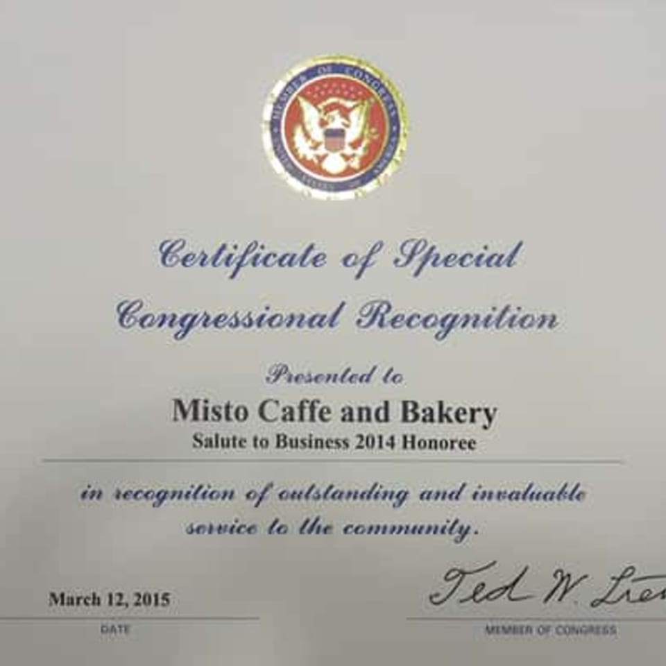 Certificate of Special Congressional Recognition presented to Misto Caffe and Bakery for community service.