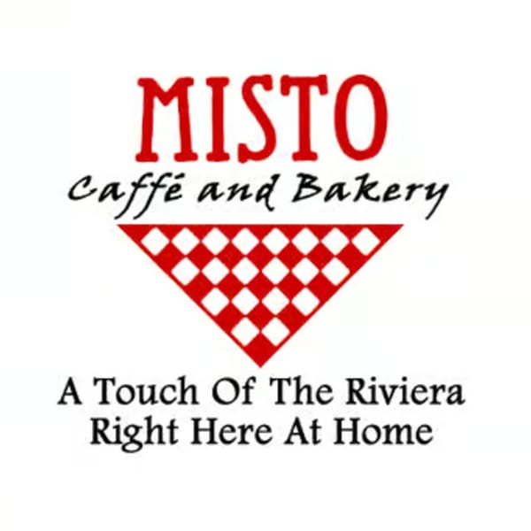 Misto Caffè and Bakery logo with red text, a checkered triangle, and the slogan "A Touch Of The Riviera Right Here At Home".