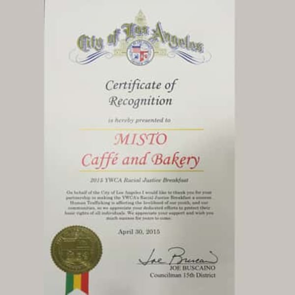 A Certificate of Recognition from the City of Los Angeles presented to Misto Caffe and Bakery.