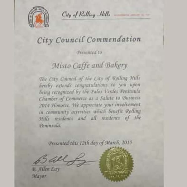 City Council Commendation certificate presented to Misto Caffe and Bakery, dated March 12, 2015.