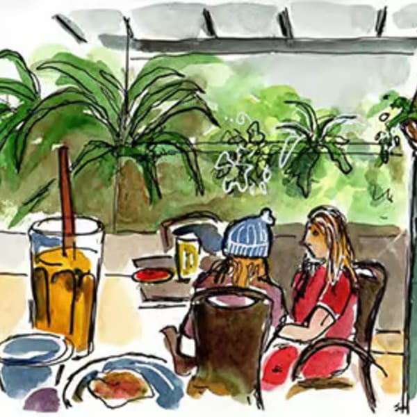 Watercolor illustration of two people dining at Misto Caffe, with drinks and food on the table.