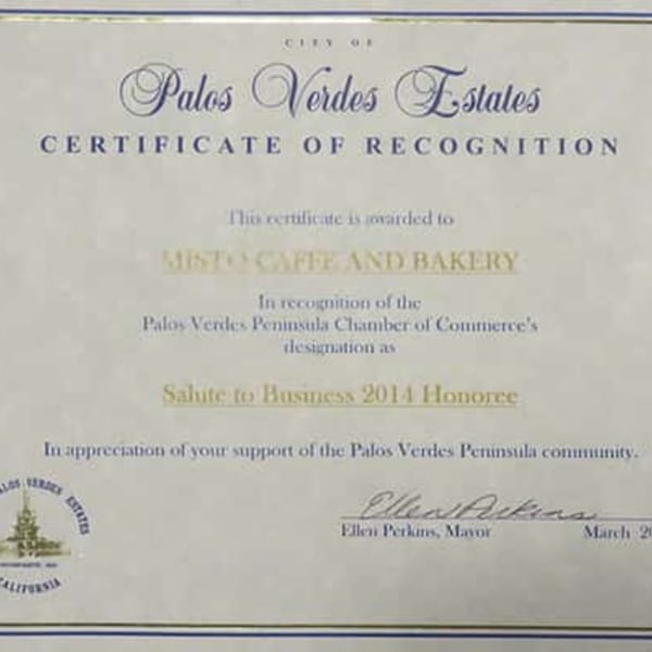 Certificate of Recognition from Palos Verdes Estates awarded to Misto Caffe and Bakery.