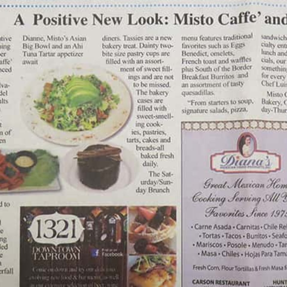 A newspaper clipping shows a Misto Caffe & Bakery salad with avocado, a dessert, and other food items.